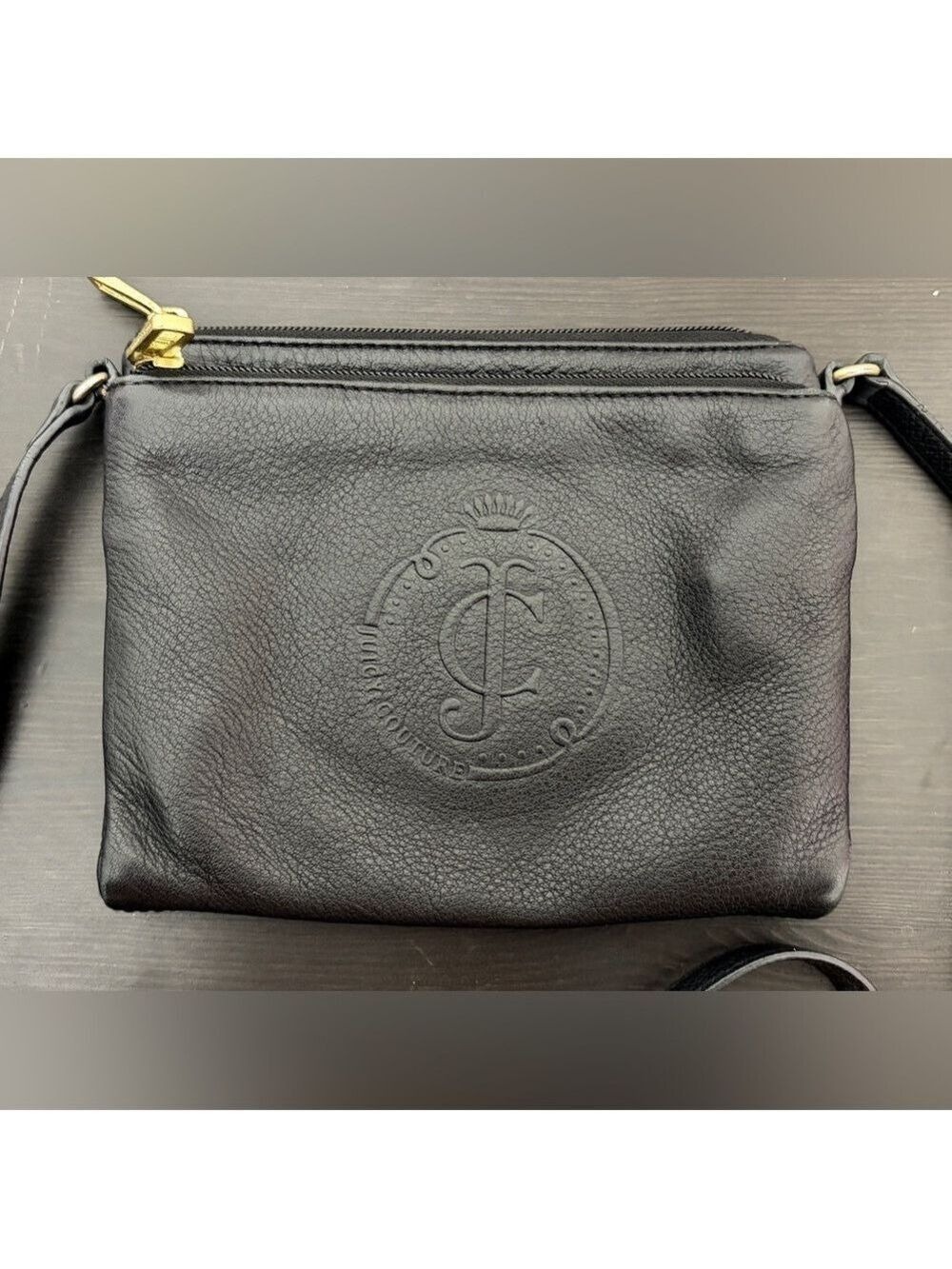 Juicy Couture Heritage Black Pebbled Leather Triple Zip Crossbody Vintage Y2K